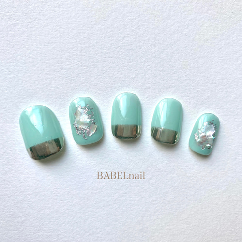 No6】ミントグリーン/ミラーネイル/シェル/ジェルネイル/艶 ネイル
