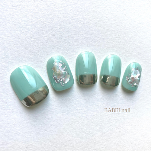 No6】ミントグリーン/ミラーネイル/シェル/ジェルネイル/艶 ネイル