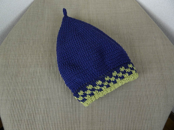 コットンのゆったりベレー帽（濃紺×ライトオリーブグリーン） 8枚目の画像