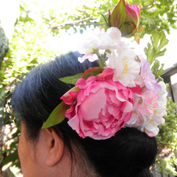 フラワーバレッタ　ピオニーと桜の髪飾り 1枚目の画像