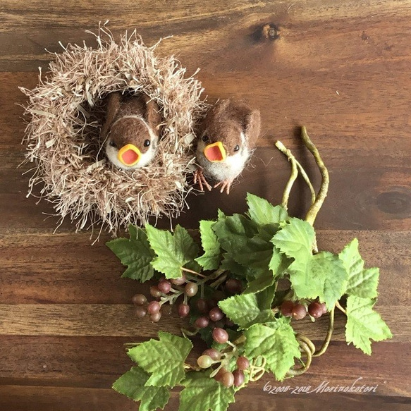 羊毛フェルトのスズメのヒナと鳥の巣のセット【巣の色は販売作品の中