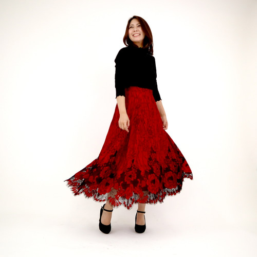 ♡再々入荷♡ドローイングフラワーレーススカート(レッド ♡再々入荷♡ドローイングフラワーレーススカート(レッド