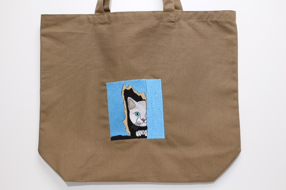 MZ　ＤＥＳＩＧＮ　のぞき猫　サンドベージュ　Lサイズ　キャンバストートバッグ 2枚目の画像