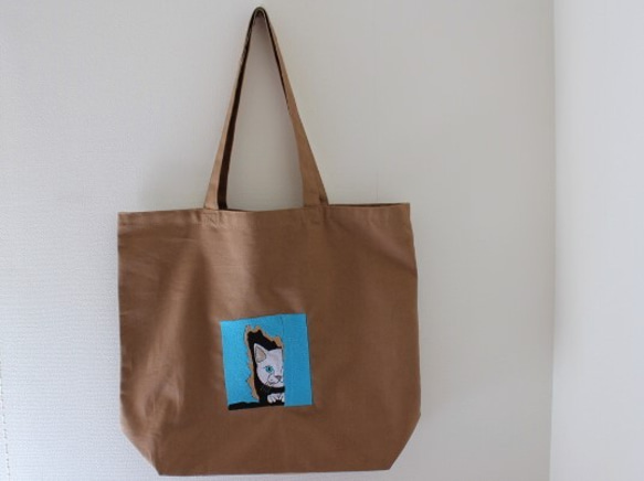 MZ　ＤＥＳＩＧＮ　のぞき猫　サンドベージュ　Lサイズ　キャンバストートバッグ 3枚目の画像