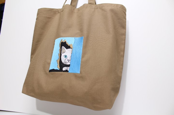 MZ　ＤＥＳＩＧＮ　のぞき猫　サンドベージュ　Lサイズ　キャンバストートバッグ 5枚目の画像