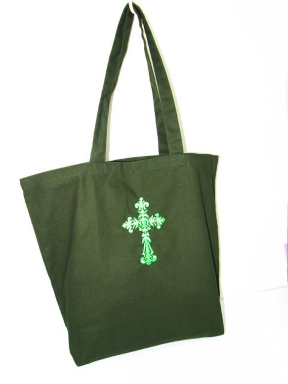 MZ刺繍デザイン　モスグリーン　Lサイズキャンバストートバッグ 4枚目の画像