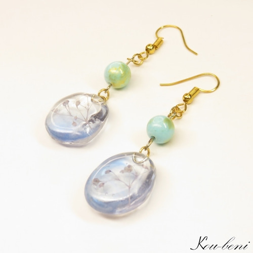 青山葵/レジンピアス20点 ピアス かすみ草 レジン 天然石ジェイド染 水色金彩（p058） ピアス