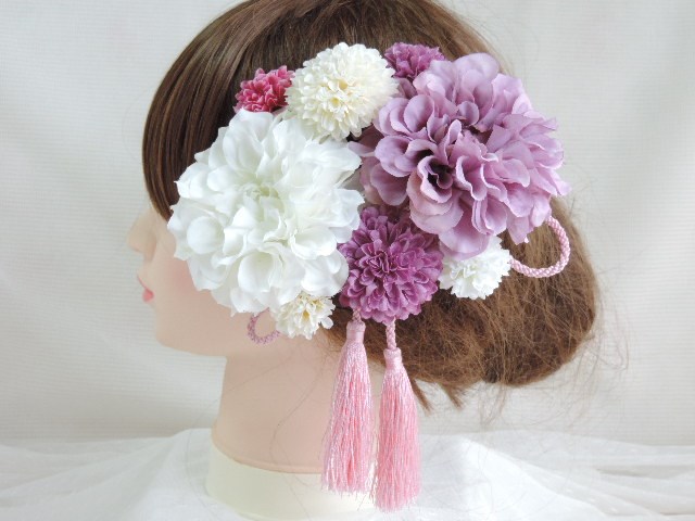 白、藤色、ピンクの雅可愛い髪飾り