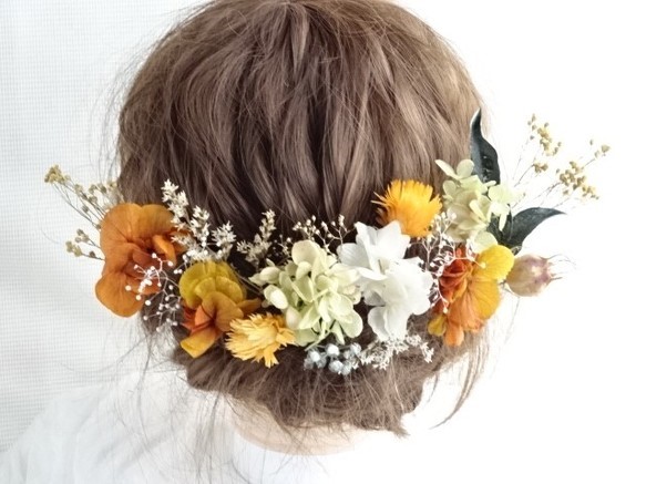 ドライフラワー　成人式髪飾り　和装　成人式　卒業式　結婚式　色打掛　振袖　袴　オレンジ　緑