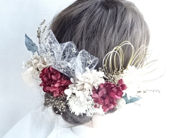 ドライフラワー　成人式髪飾り　卒業式髪飾り　　結婚式髪飾り　成人式　卒業式　結婚式　成人式前撮り　チュール　水引き　振袖