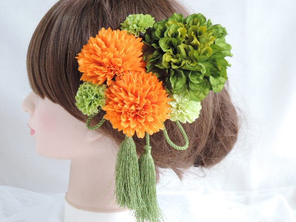 オレンジグリーンの髪飾り ､､､和スタイル 2枚目の画像
