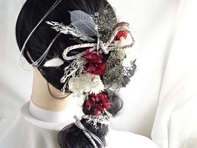 水引と組紐（くみひも）とチュールの髪飾り　卒業式　成人式　結婚式　ドライフラワー　プリザーブドフラワー