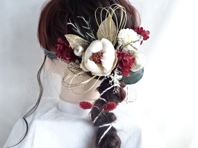 H2    パームフラワー　水引き　成人式髪飾り　卒業式髪飾り　成人式前撮り　紐アレンジ　水引アレンジ