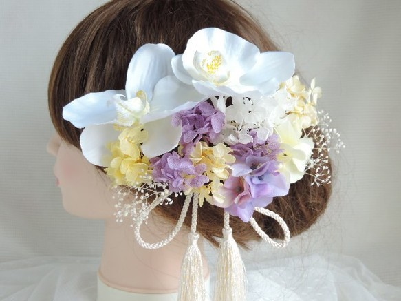 胡蝶蘭が可愛い髪飾り　～イエローパープル～　白無垢髪飾り　黄色　紫色　タッセル　かわいい