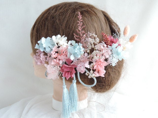卒業式　成人式　髪飾り　ドライフラワー　水色とピンク