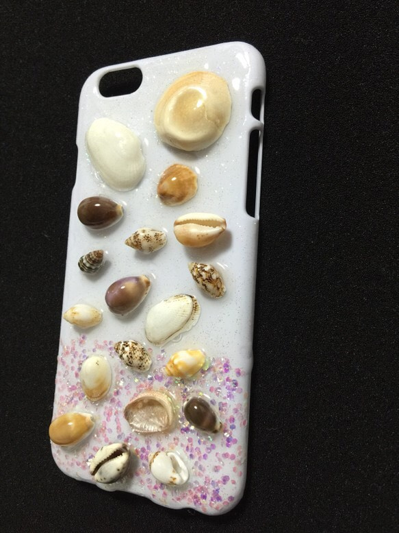 ＊人魚姫のたからもの＊iPhone6ケース＊天然貝殻とパール レジン キラキラ＊ラメ 2枚目の画像