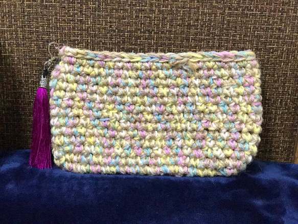 麻紐　麻ひも　バッグ　タッセル　パステルカラー　ポーチ　かぎ針編み　編み物　ピンク系 3枚目の画像