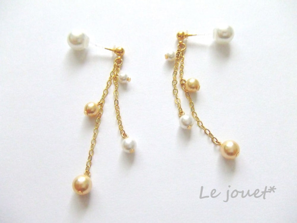 P-035【ピアス】2way＊Pearl＊Gold×White 2枚目の画像