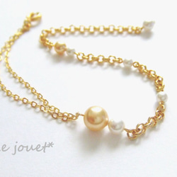 B-006【ブレスレット】Pearl＊Gold×White 1枚目の画像