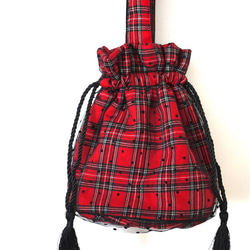 Tartan check pouch☆タータンチェック×ドットチュール巾着バッグ 巾着