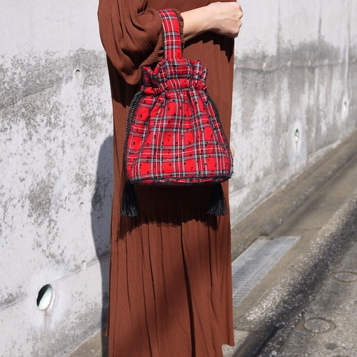 Tartan check pouch☆タータンチェック×ドットチュール巾着