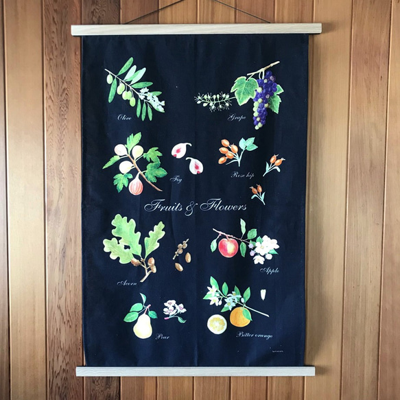 キッチンクロス 黒　Fruits & Flowers Kitchen cloth Black 1枚目の画像