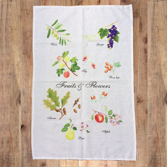 キッチンクロス フルーツ 水彩　Fruits & Flowers Kitchen cloth 2枚目の画像