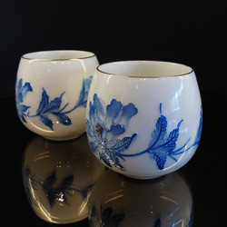 浮彩花相陶瓷對杯「芍藥 青花」 第3張的照片
