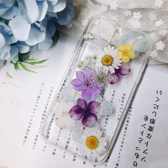 水色 /紫陽花人気押し花ケース スマホケース  iphone11 iphone11pro 14pro/14/14plus 4枚目の画像