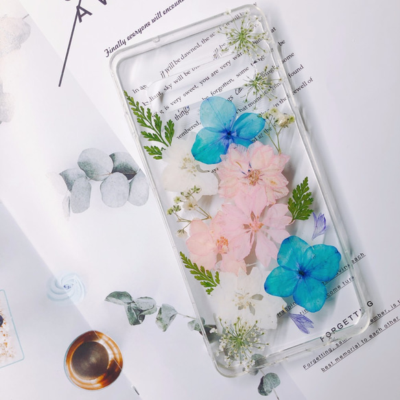 ピンク花と青い 人気押し花ケース iPhone14 Xperia XZ  Galaxy S10+ iPhone11/13 3枚目の画像