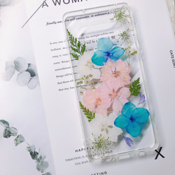 ピンク花と青い 人気押し花ケース iPhone14 Xperia XZ  Galaxy S10+ iPhone11/13 4枚目の画像