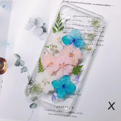 ピンク花と青い 人気押し花ケース iPhone14 Xperia XZ  Galaxy S10+ iPhone11/13 5枚目の画像