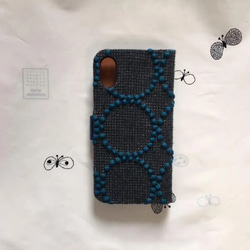 手帳型ケースiPhoneX/iPhoneXSミナペルホネン タンバリン チャコール×ブルー 3枚目の画像