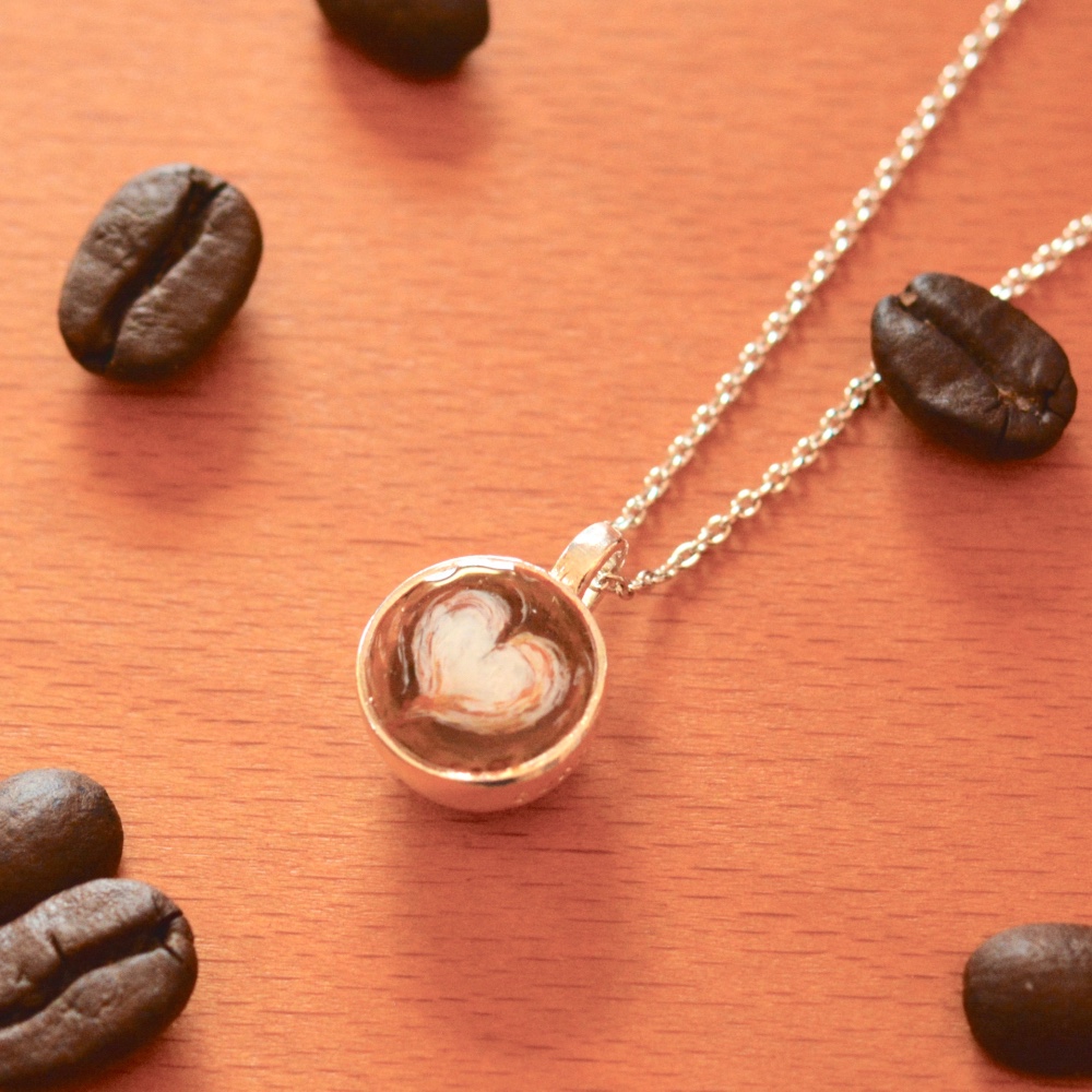 【純喫茶】ハートのラテアート•ネックレス【スターリングシルバー製/手描き/カップ型】