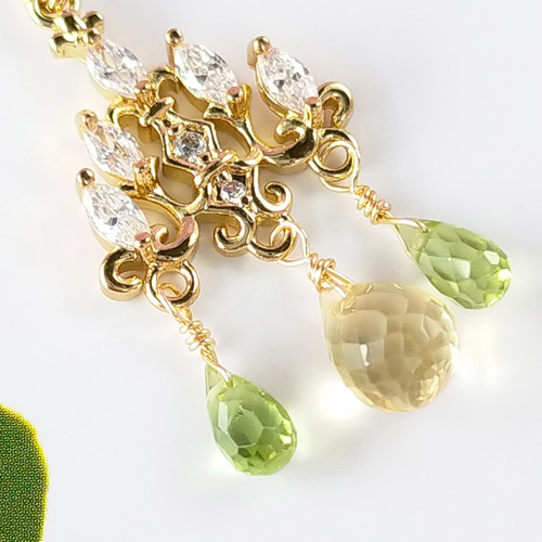 しずく型天然石のシャンデリアネックレス〜ミモザカラー