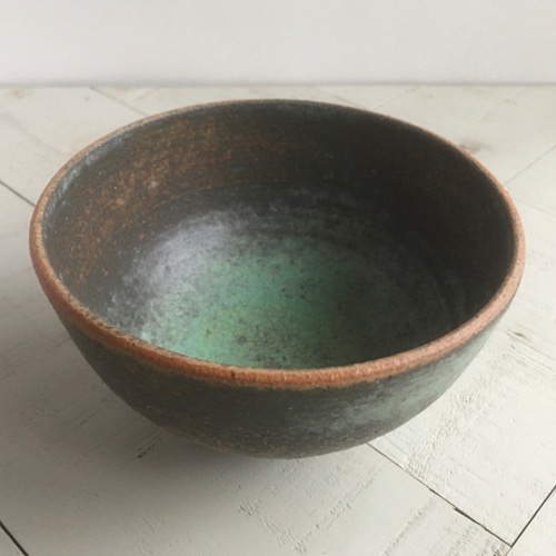 ボウル　小鉢　アンティーク　骨董　工芸品　陶芸　民藝　明治 グリーン器》ボウル・鉢 Φ11.8cm（トルコ／銅釉）[G-44] お椀