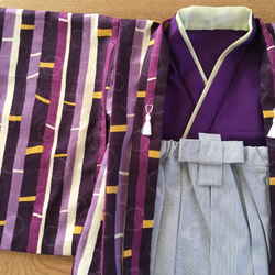 【完成品】80ｃｍ　男の子　紫羽織＆グレー縞袴風ロングスカート 初節句、お正月、お誕生日、出産祝い、結婚式に 2枚目の画像
