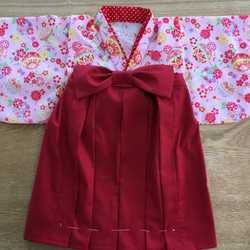 【値引き】【完成品】70ｃｍ　ピンク鞠着物＆赤袴風ロングスカート 2枚目の画像