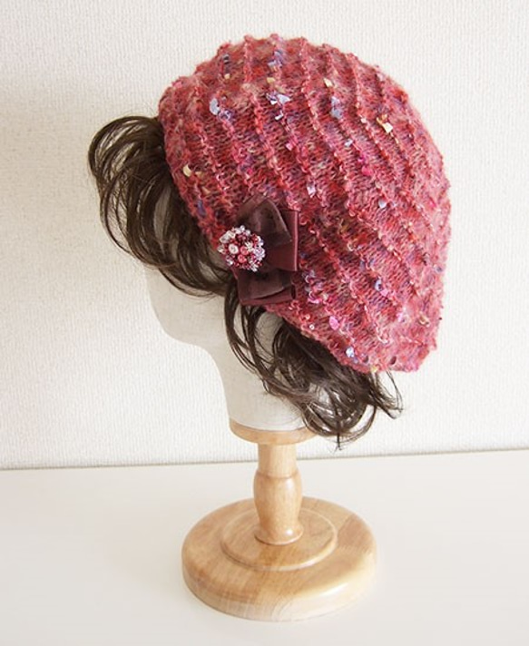ふわモコ温か大人可愛いニットベレー帽～ストロベリーピンク色～ 1枚目の画像