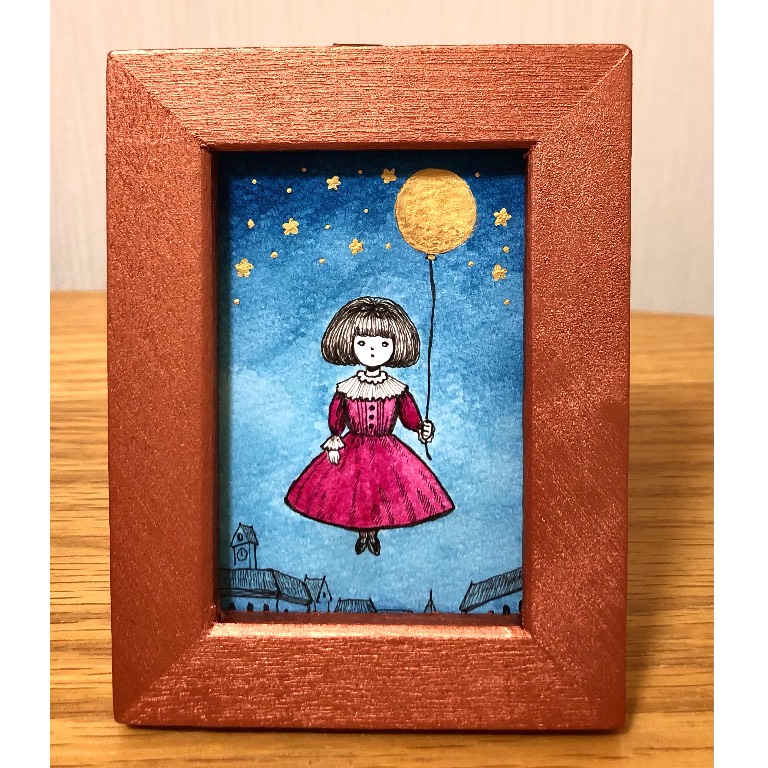月夜のホゥホゥさん (size8x10) 小さな絵 原画 水彩画 美術品 - 絵画