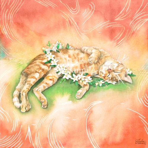 Jasmineジャスミンジークレー複製画ねこ×花冠の水彩画 絵画