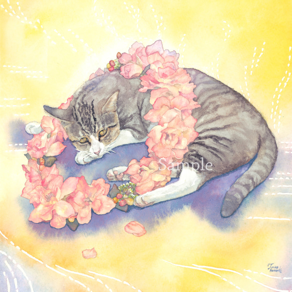 「Delphinium（デルフィニウム）」ジークレー複製画【ねこ×花冠の水彩画】 2枚目の画像