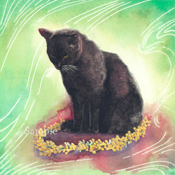 「Mimosa（ミモザ）」ジークレー複製画【ねこ×花冠の水彩画】 2枚目の画像