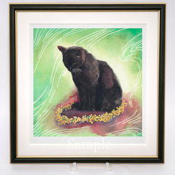 「Mimosa（ミモザ）」ジークレー複製画【ねこ×花冠の水彩画】 1枚目の画像