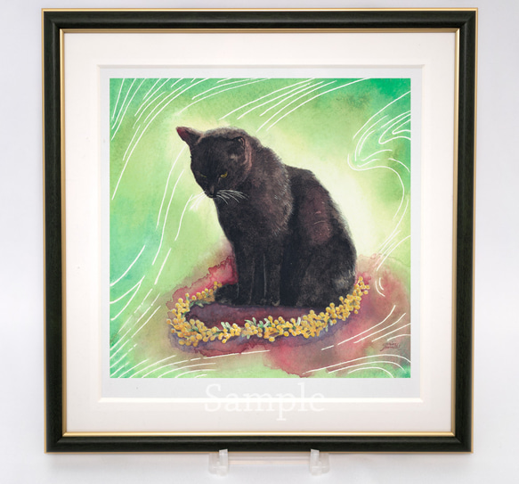 「Mimosa（ミモザ）」ジークレー複製画【ねこ×花冠の水彩画】 1枚目の画像