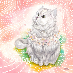 「Cherryblossom（チェリーブロッサム）」ジークレー複製画【ねこ×花冠の水彩画】 2枚目の画像