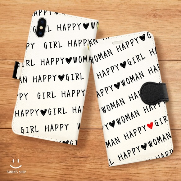 送料無料＊HAPPY girl&woman白＊手帳型iPhoneケース／スマホケース 1枚目の画像