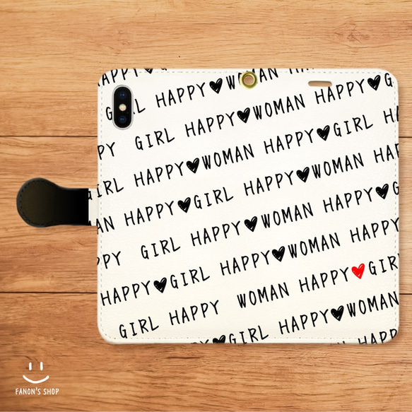 送料無料＊HAPPY girl&woman白＊手帳型iPhoneケース／スマホケース 2枚目の画像