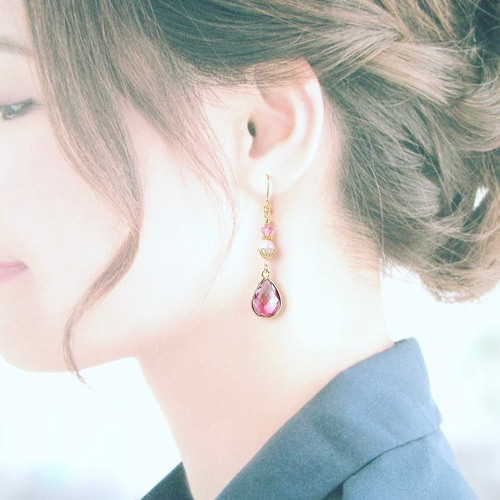 薄青/ピンクのグラデーション雫の耳飾り アレルギー対応 イヤリング  