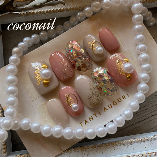 サイズオーダー♡パステルフラワーシェルフットネイルチップ グリーン  